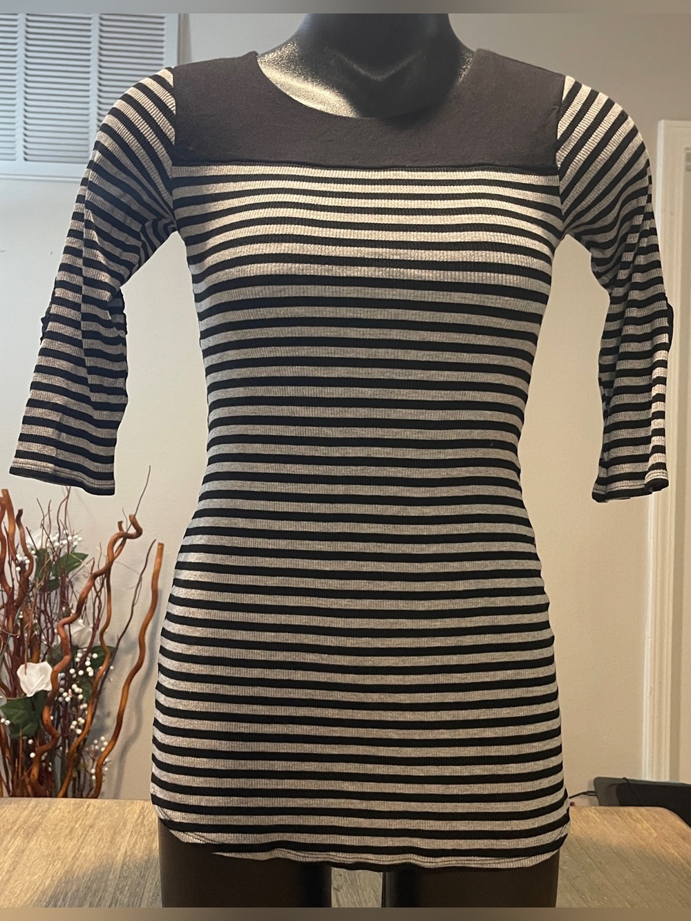 Monteau Black and White Striped Long Sleeve Knit Top, Size Small